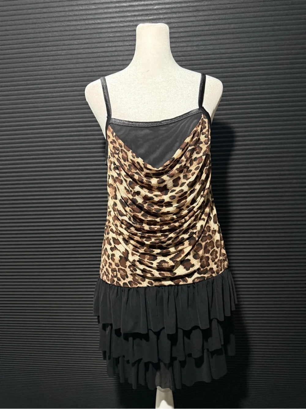 Leopard Print Cowl Neck Slip Dress with Black Tiered Skirt